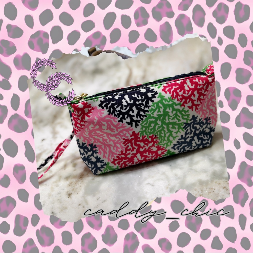 Coral Print Makeup Bag Pink Navy Green | Travel Cosmetic Pouch with Zip Closure